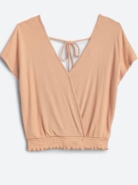 Pinque Tan Ribbed Short-Sleeve Top with Back Tie Detail